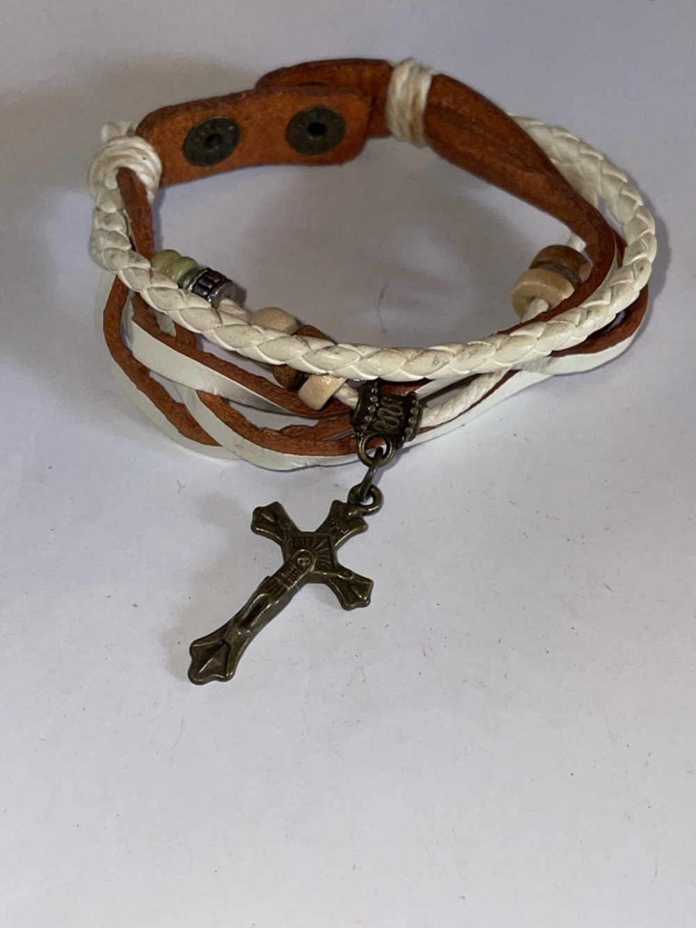 3/$10 Fashion Jewelry Braided White and Brown Cross Charm Bracelet